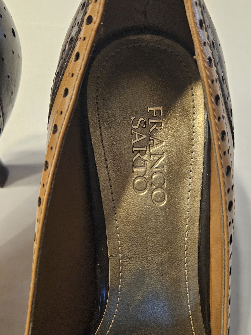 Franco Sarto Two-Tone Brown and Black Brogue Kitten Heels - Picture 8 of 8